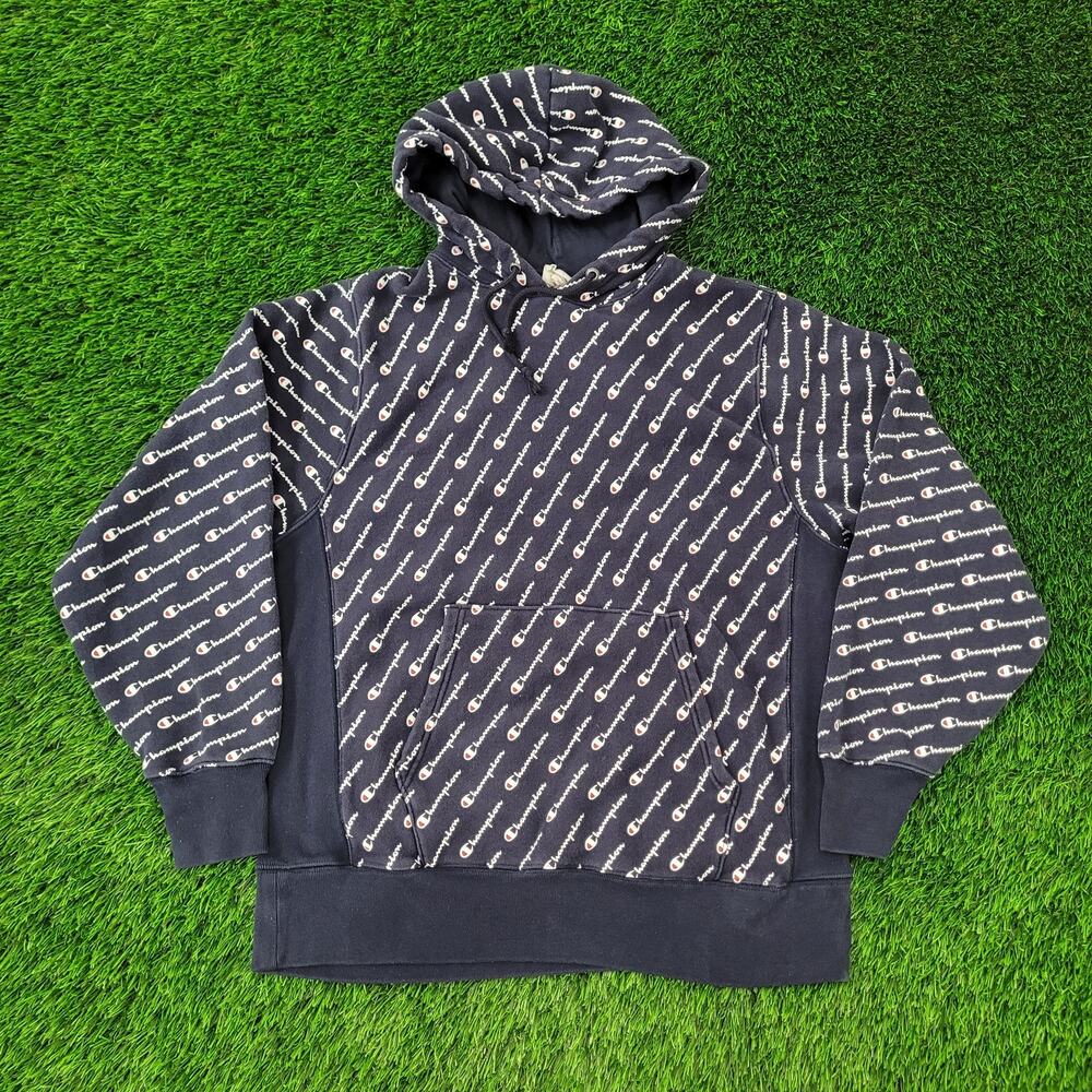 Champion Hoodie Large 22x26 Blue Spellout Script AOP